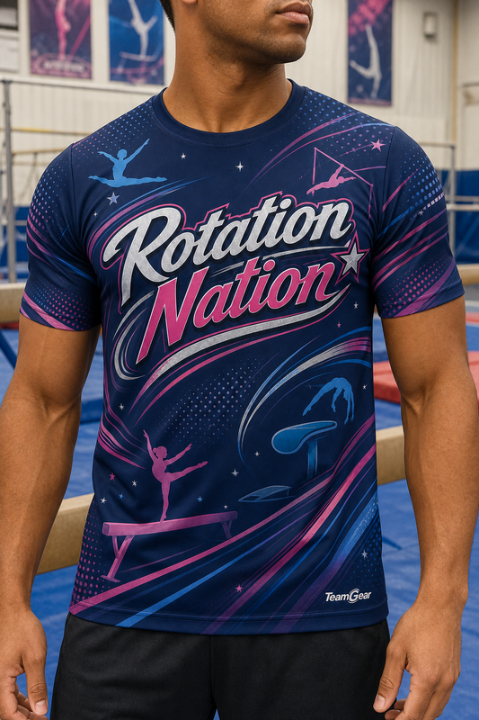 Rotation Nation Navy Gymnastics Jersey — custom gymnastics jersey worn on model — TeamGear Canada