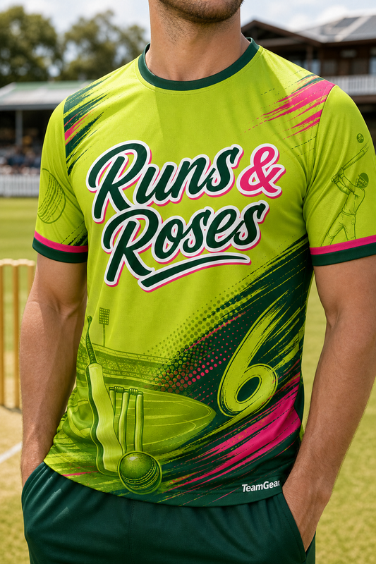 Runs & Roses Lime Cricket Jersey — custom cricket jersey worn on model — TeamGear Canada