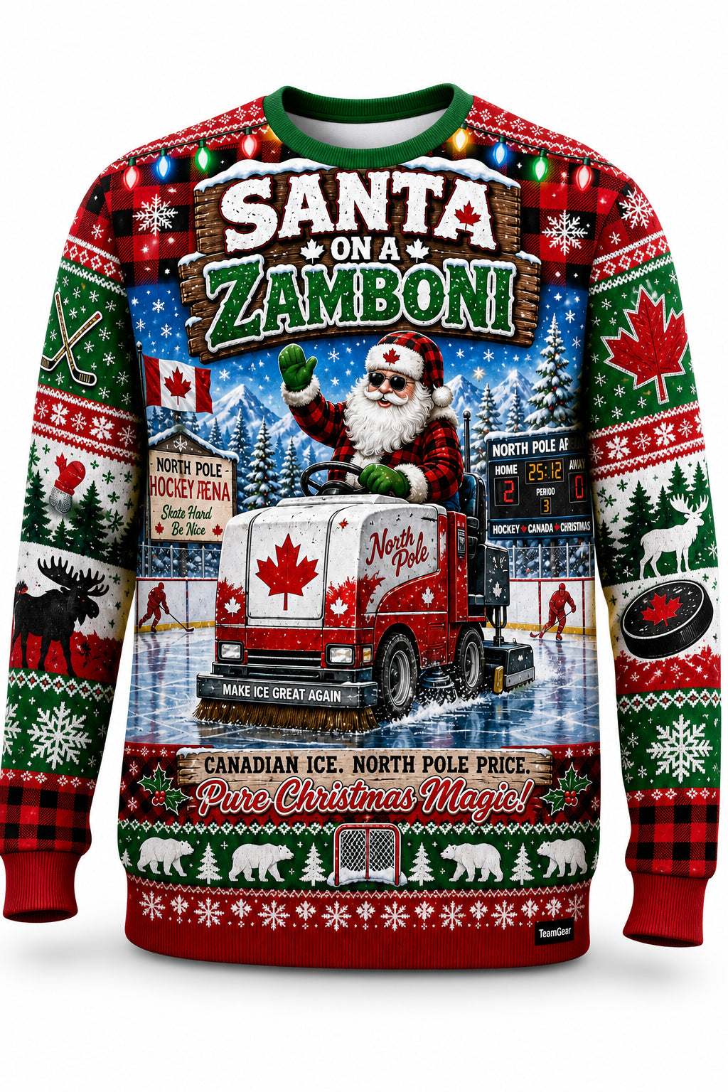 Santa on a Zamboni Ugly Christmas Sweater - front and back view
