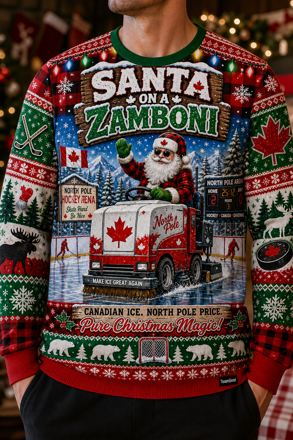 Santa on a Zamboni Ugly Christmas Sweater — custom christmas team apparel worn on model — TeamGear Canada