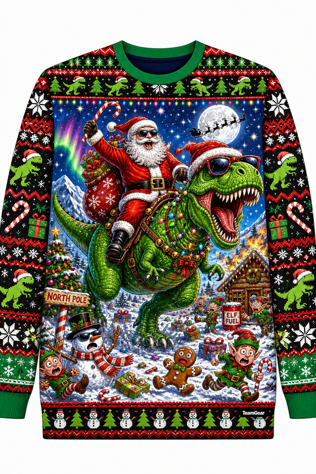 Santa Riding a Dinosaur Ugly Christmas Sweater design