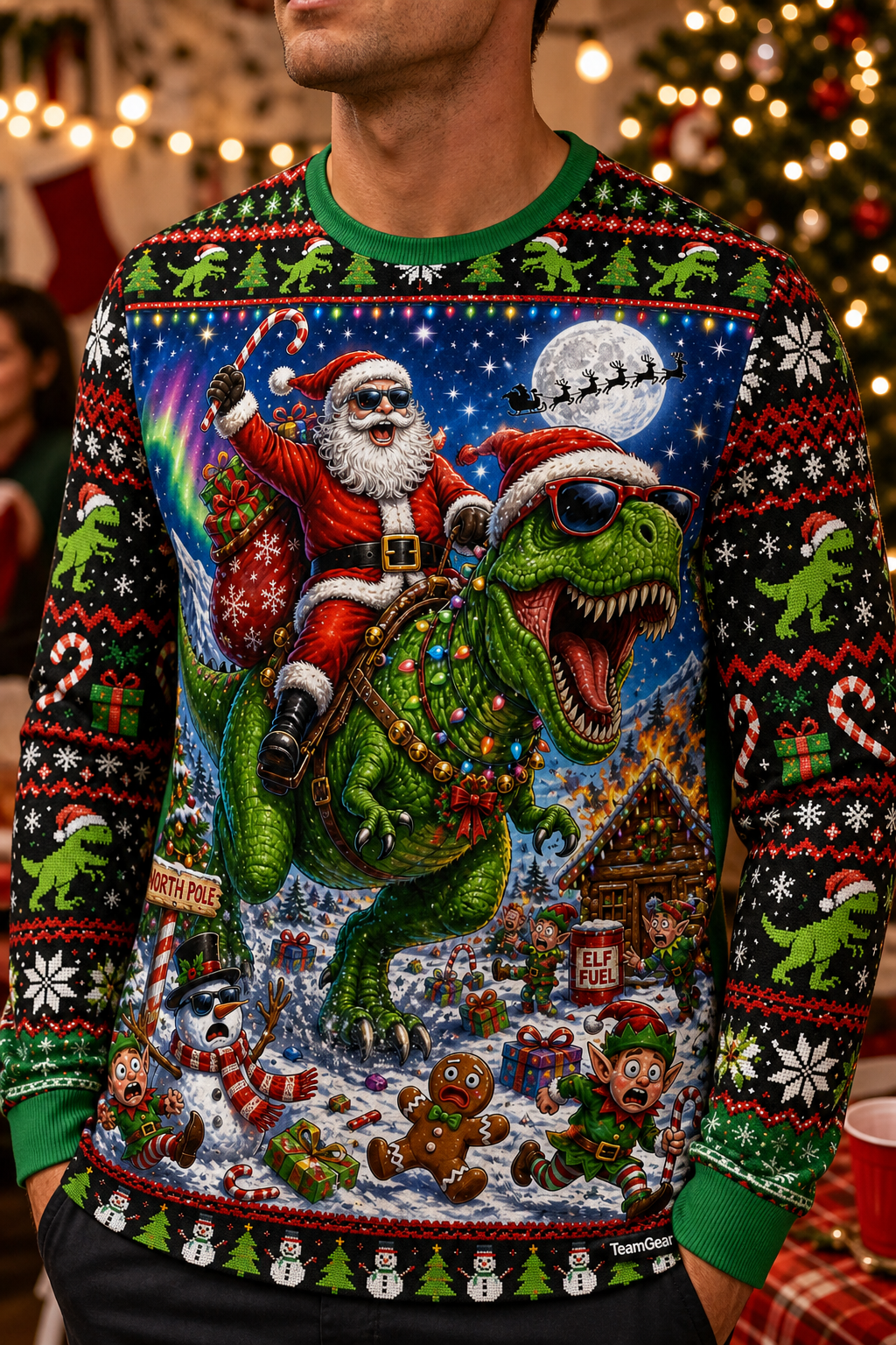 Santa Riding a Dinosaur Ugly Christmas Sweater — custom christmas team apparel worn on model — TeamGear Canada