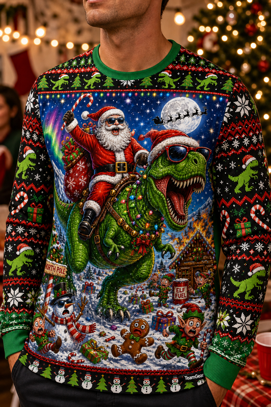 Santa Riding a Dinosaur Ugly Christmas Sweater — custom christmas team apparel worn on model — TeamGear Canada