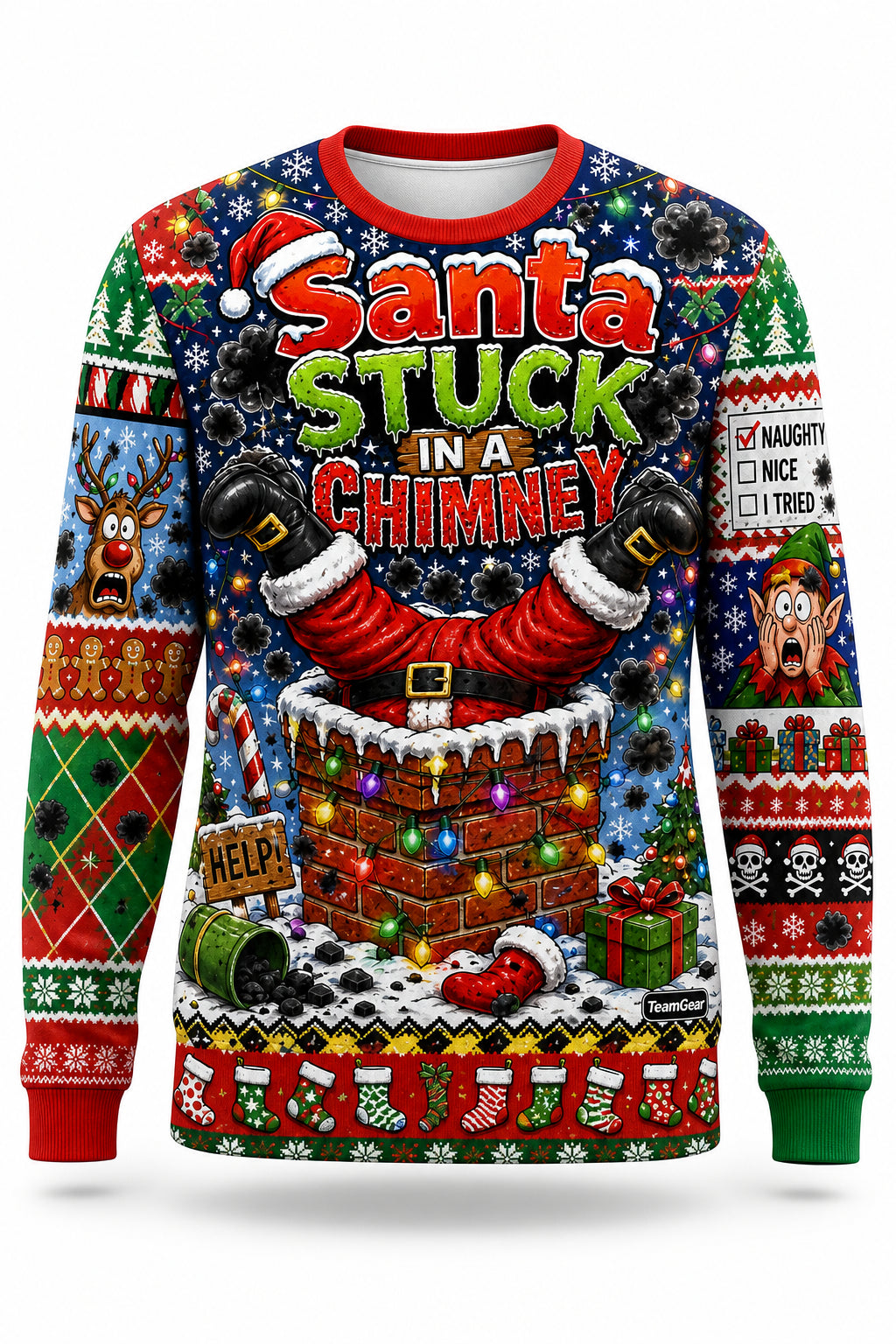 Santa Stuck in a Chimney Ugly Christmas Sweater - front and back view