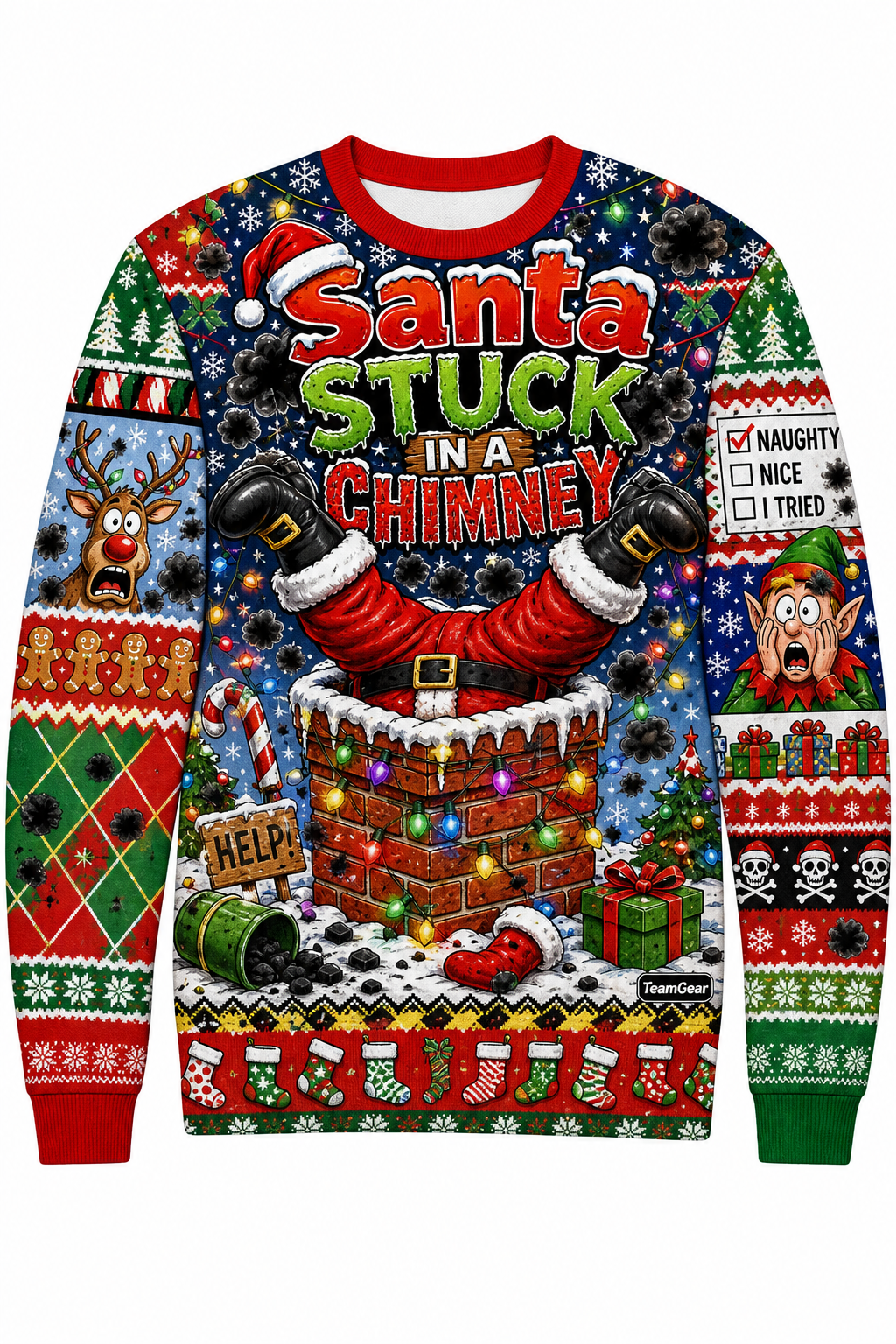 Santa Stuck in a Chimney Ugly Christmas Sweater design