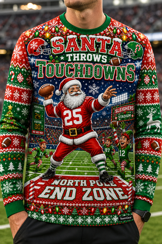Santa Throwing a Football Ugly Christmas Sweater — custom football team apparel worn on model — TeamGear Canada