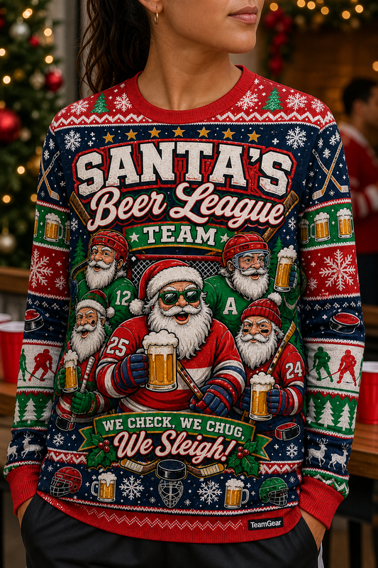 Santa's Beer League Team Ugly Christmas Sweater — custom christmas team apparel worn on model — TeamGear Canada