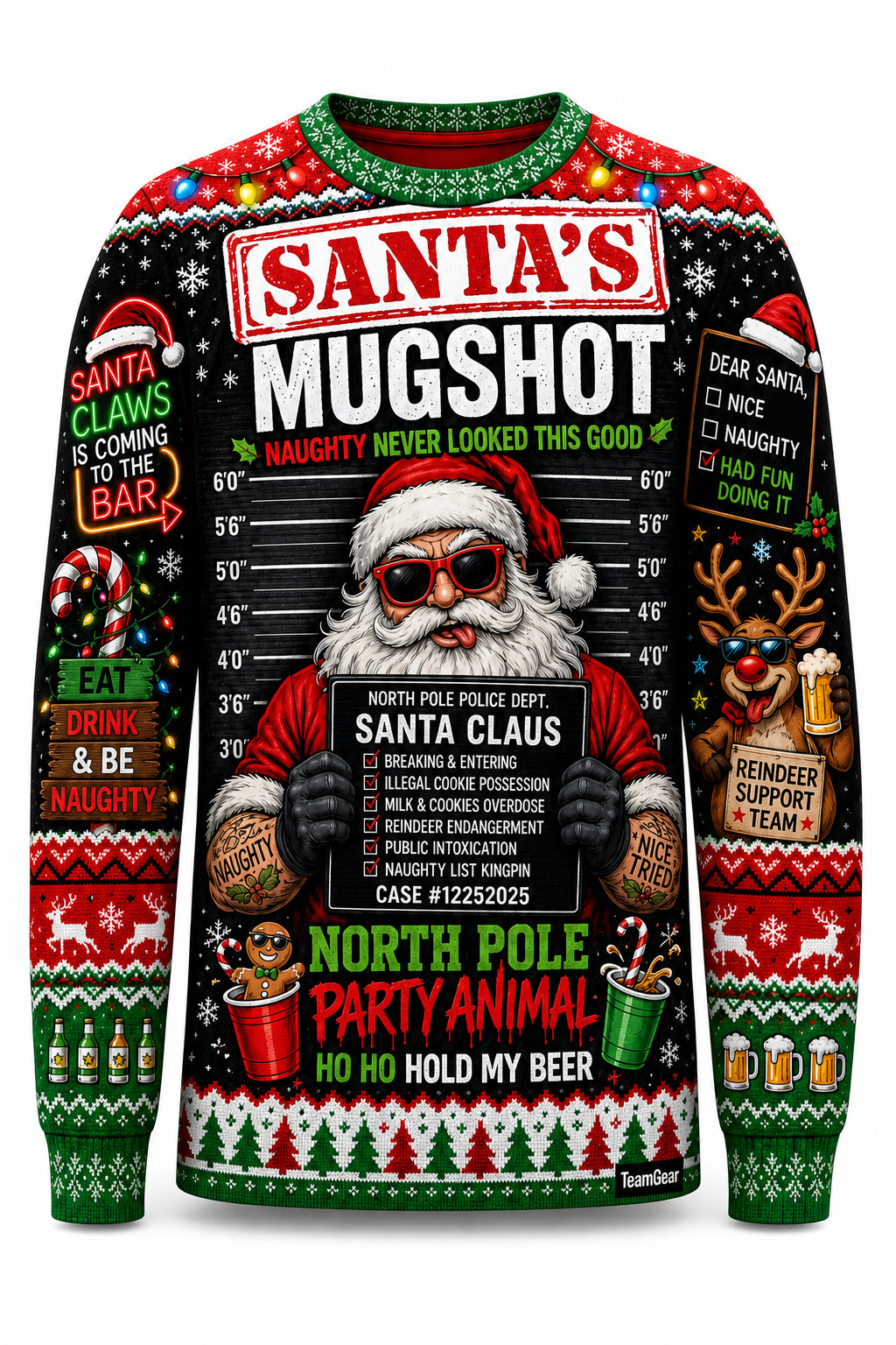Santa's Mugshot Ugly Christmas Sweater - front and back view