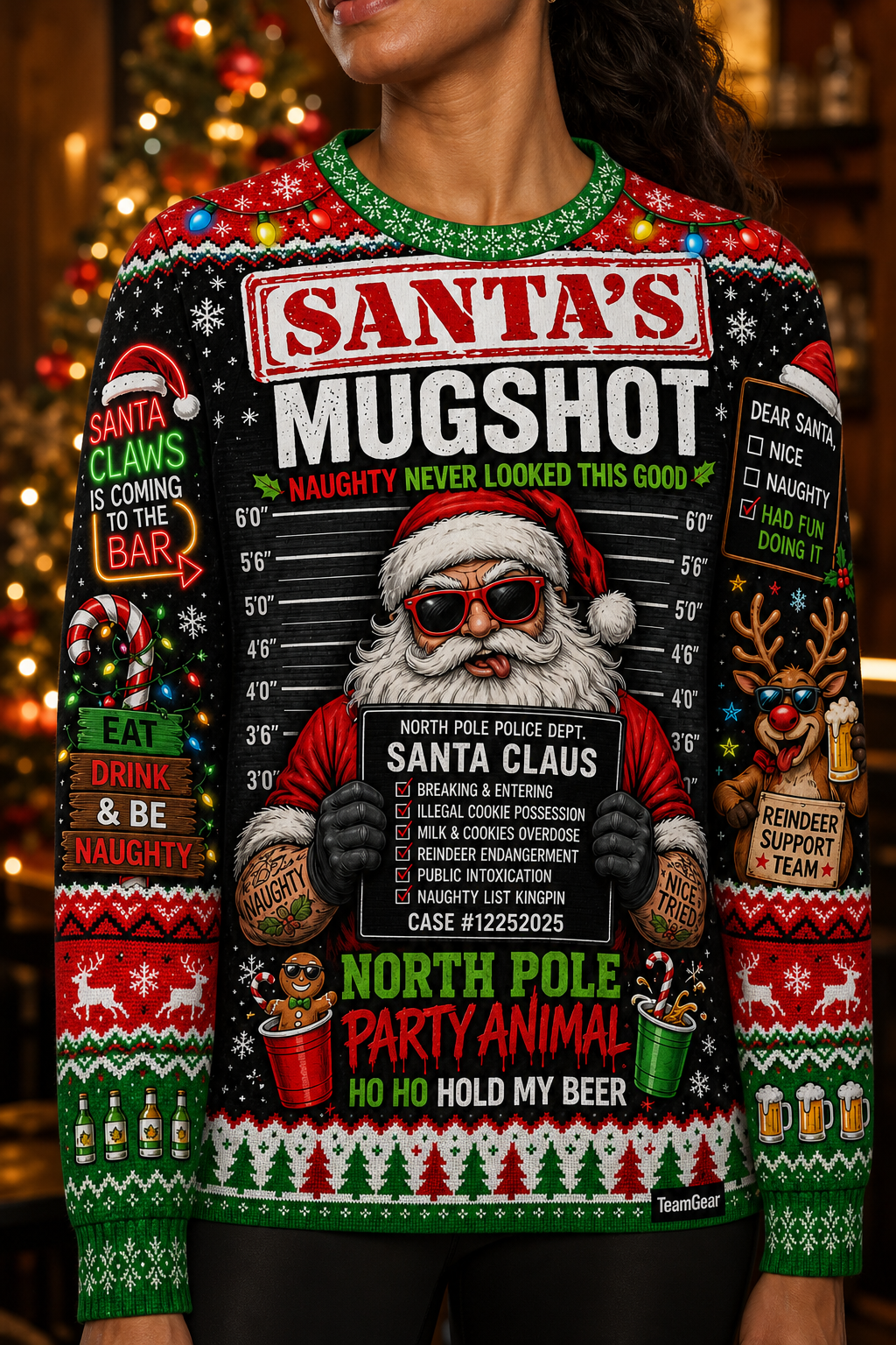 Santa's Mugshot Ugly Christmas Sweater — custom christmas team apparel worn on model — TeamGear Canada