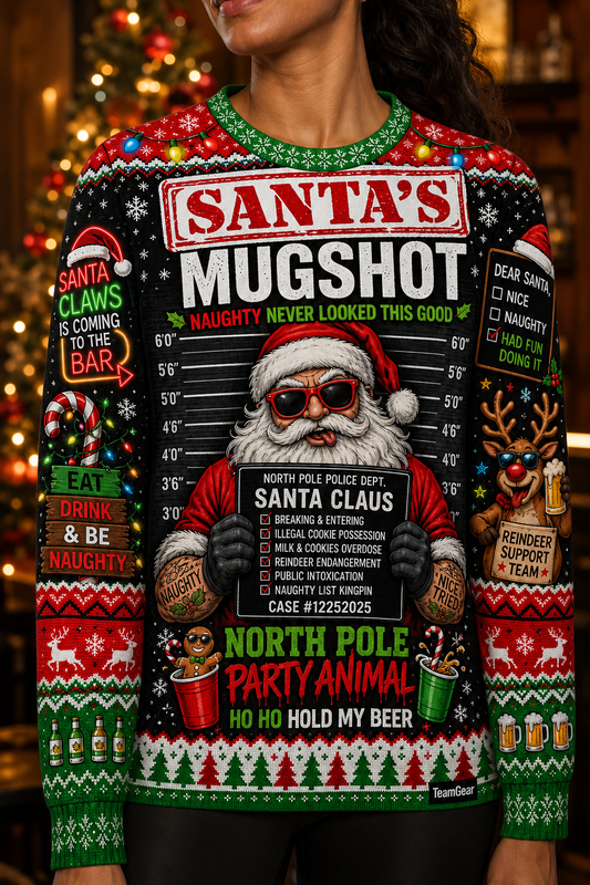 Santa's Mugshot Ugly Christmas Sweater — custom christmas team apparel worn on model — TeamGear Canada
