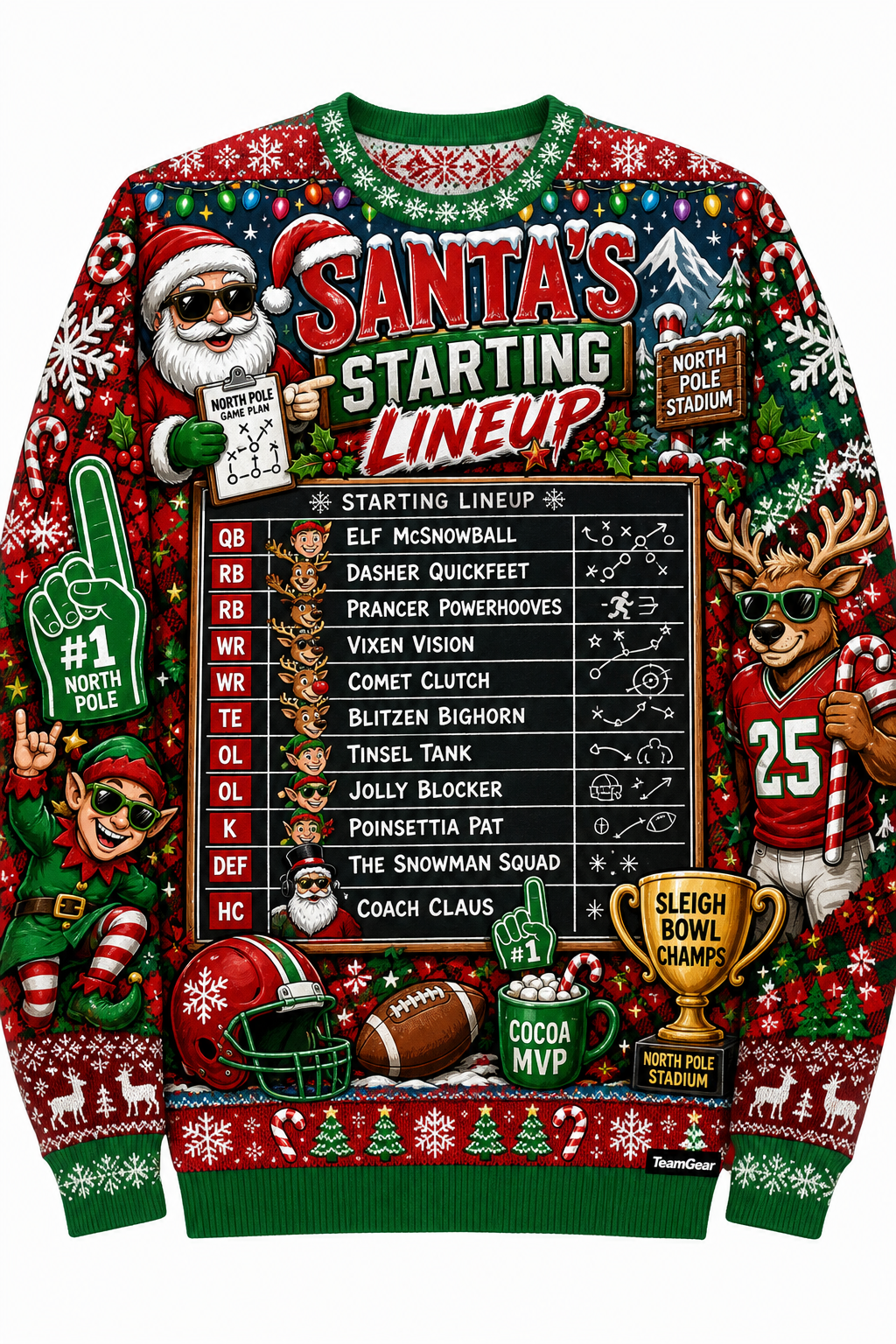 Santa's Starting Lineup Ugly Christmas Sweater design