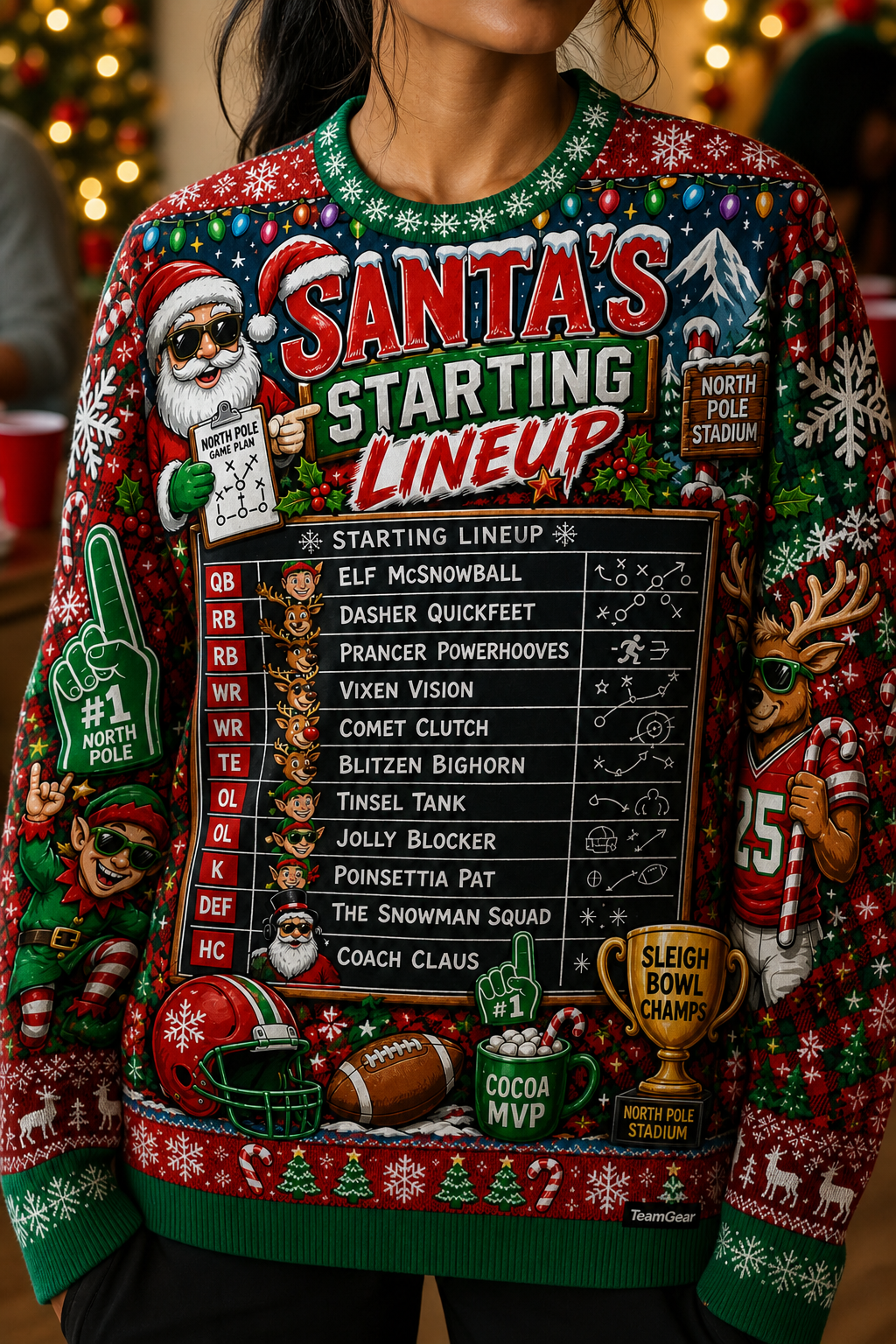Santa's Starting Lineup Ugly Christmas Sweater — custom christmas team apparel worn on model — TeamGear Canada