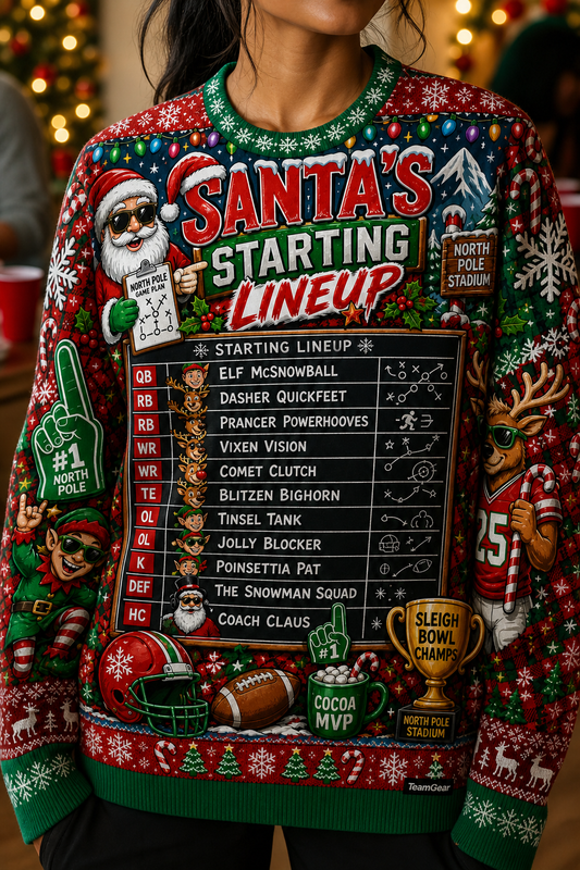 Santa's Starting Lineup Ugly Christmas Sweater — custom christmas team apparel worn on model — TeamGear Canada