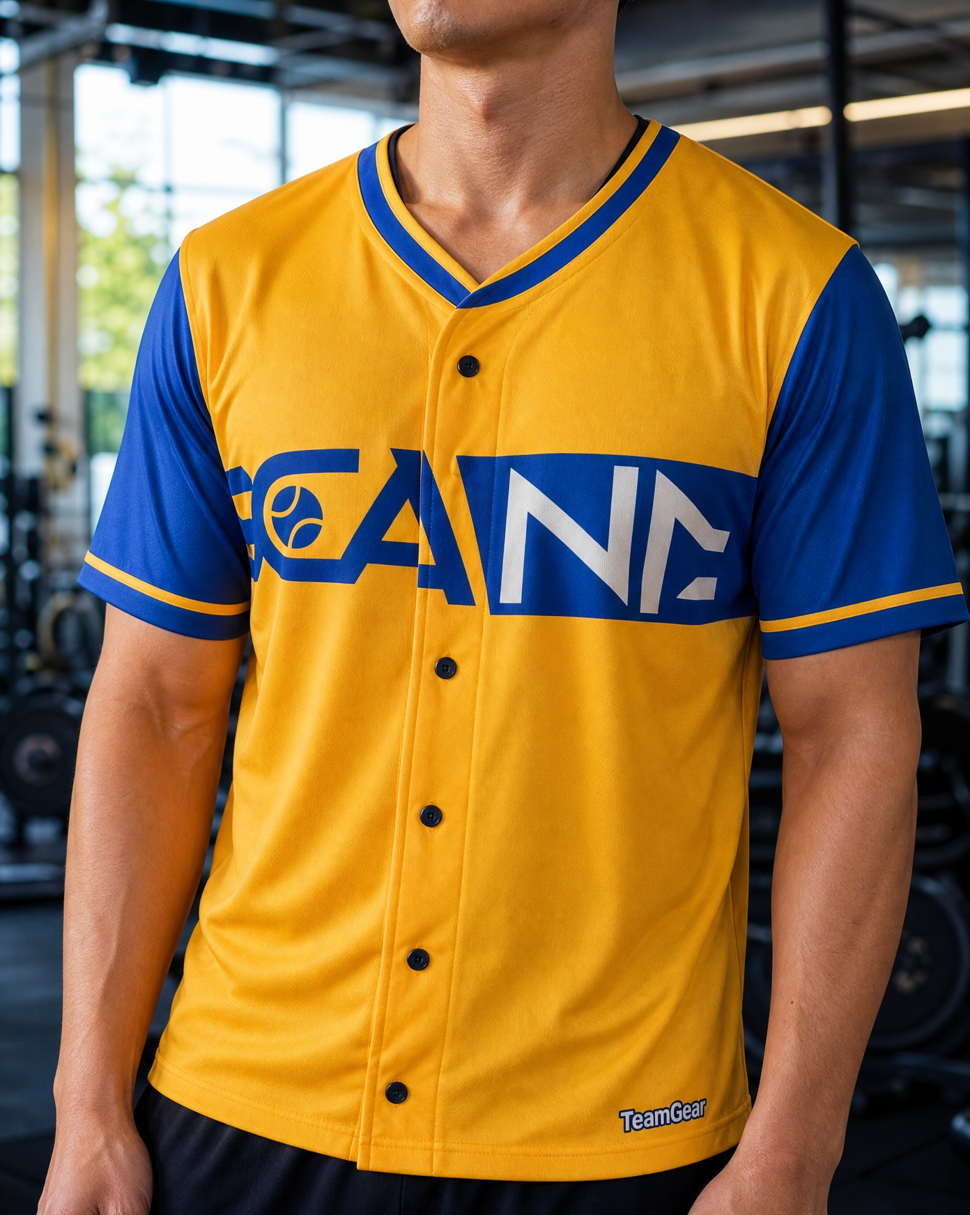 Scann Yellow & Royal Blue Home Jersey — custom jersey worn on model — TeamGear Canada