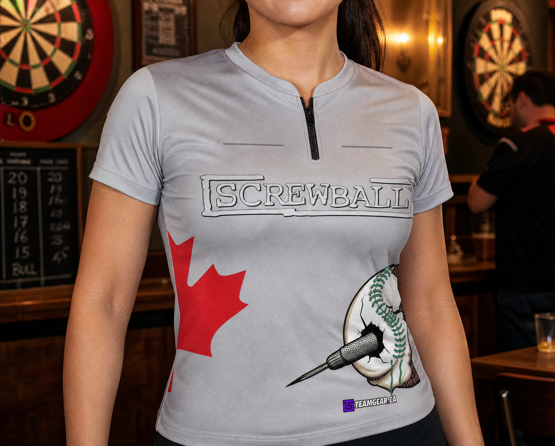 Screwballs Grey Darts Jersey — custom darts jersey worn on model — TeamGear Canada
