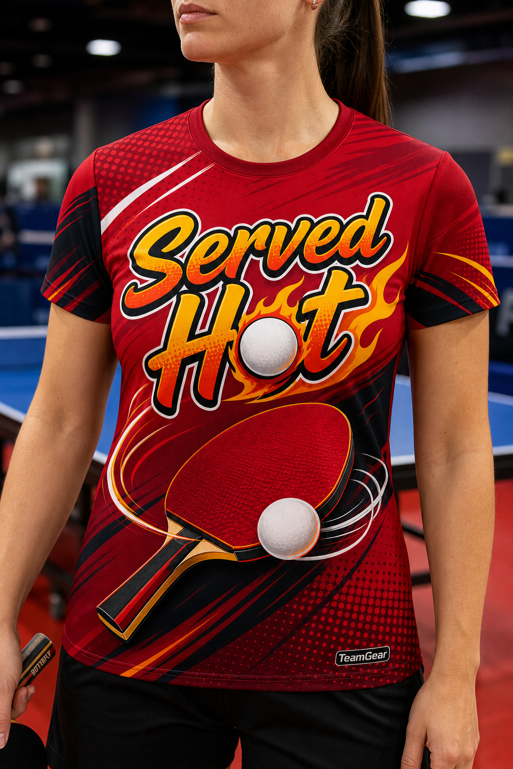 Served Hot Crimson Table Tennis Jersey — custom table tennis jersey worn on model — TeamGear Canada