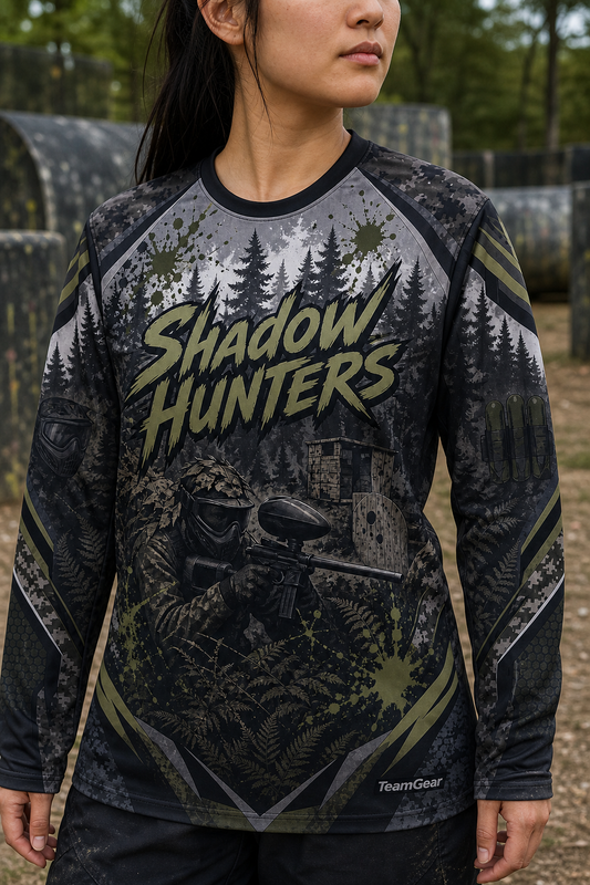 Shadow Hunters Grey Long Sleeve Paintball Jersey — custom paintball jersey worn on model — TeamGear Canada