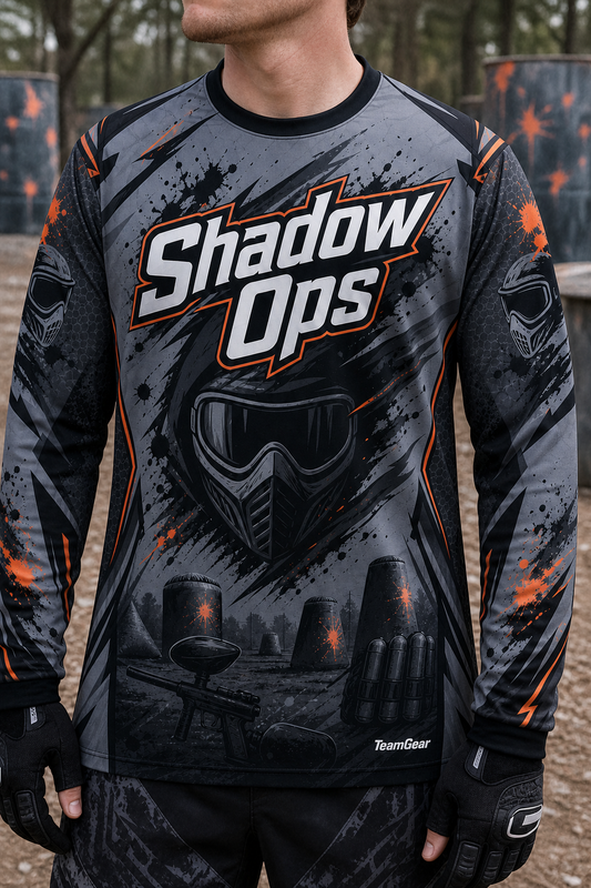 Shadow Ops Grey Long Sleeve Paintball Jersey — custom paintball jersey worn on model — TeamGear Canada