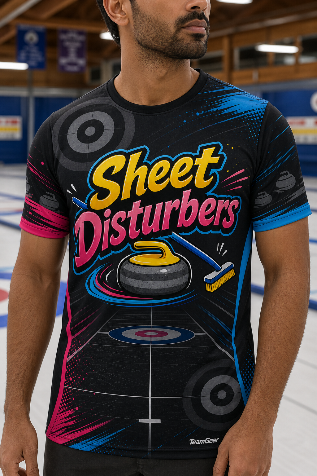 Sheet Disturbers Black Curling Jersey — custom curling jersey worn on model — TeamGear Canada