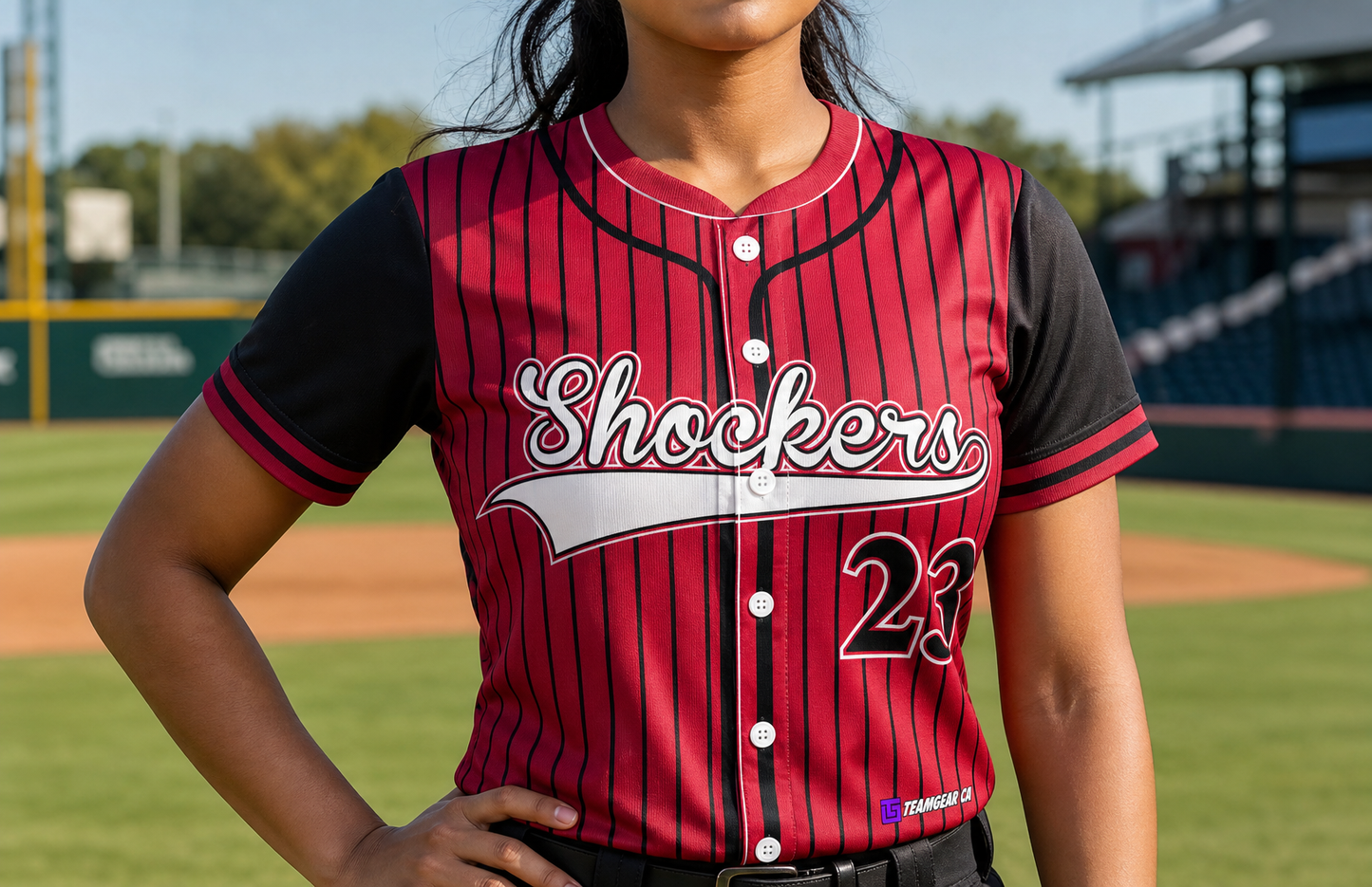 Shockers Baseball Jersey Full Button — custom baseball jersey worn on model — TeamGear Canada