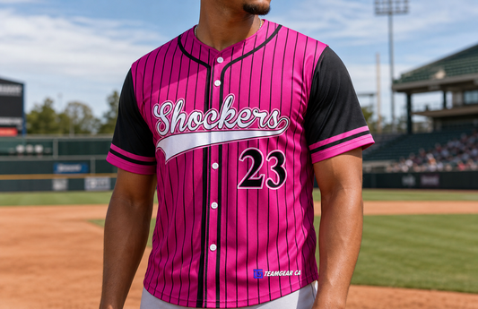 Shockers Hot Pink Pinstripe Baseball Jersey Full Button — custom baseball jersey worn on model — TeamGear Canada