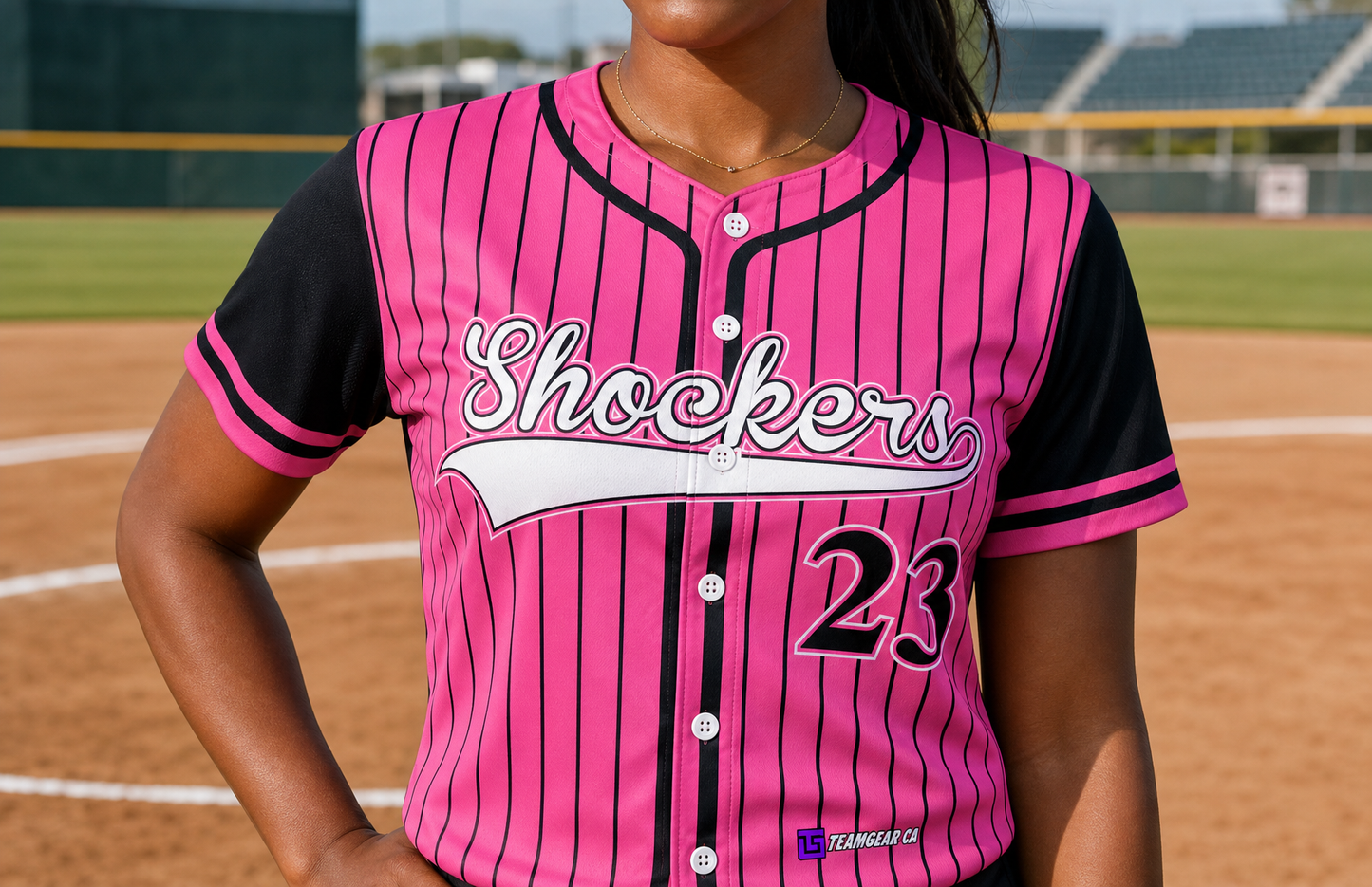 Shockers Pink Pinstripe Baseball Jersey Full Button — custom baseball jersey worn on model — TeamGear Canada