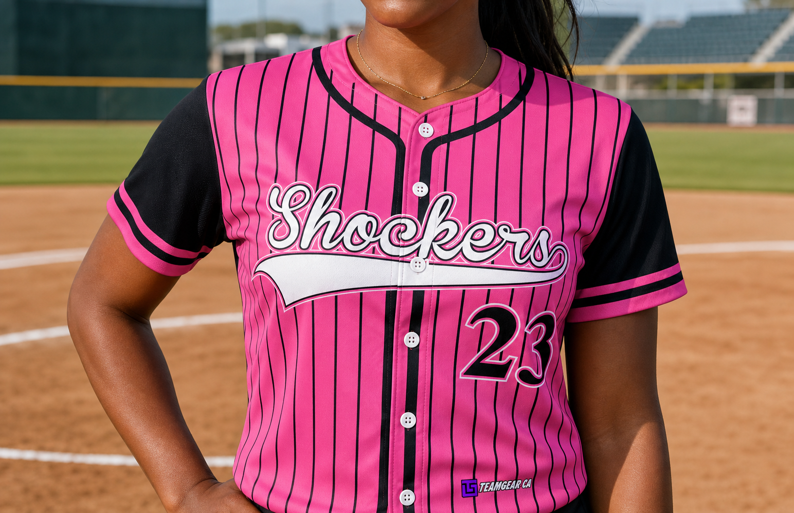Shockers Pink Pinstripe Baseball Jersey Full Button — custom baseball jersey worn on model — TeamGear Canada