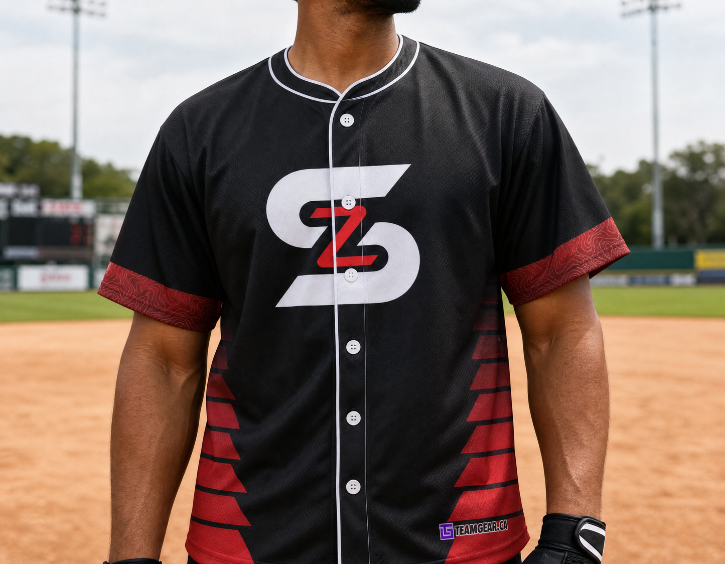 ShowZone Full-Button Baseball Jersey — custom baseball jersey worn on model — TeamGear Canada