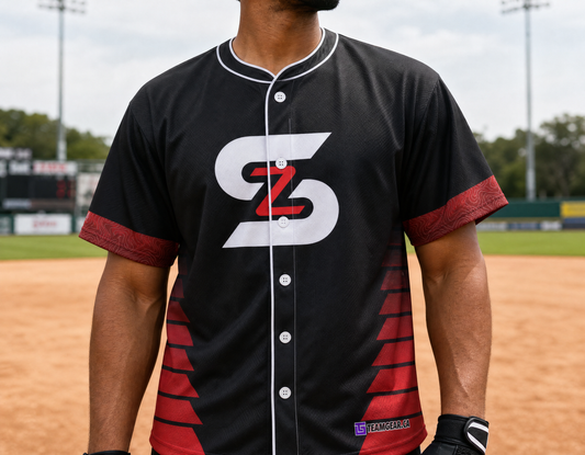 ShowZone Full-Button Baseball Jersey — custom baseball jersey worn on model — TeamGear Canada