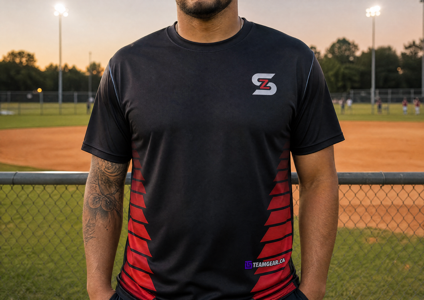 ShowZone Softball Jersey — custom softball jersey worn on model — TeamGear Canada