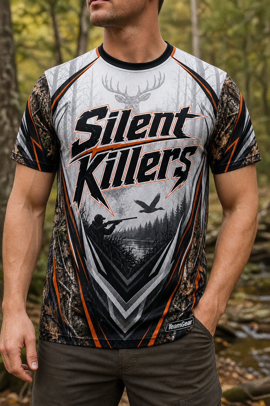 Silent Killers White Hunting Jersey — custom hunting jersey worn on model — TeamGear Canada