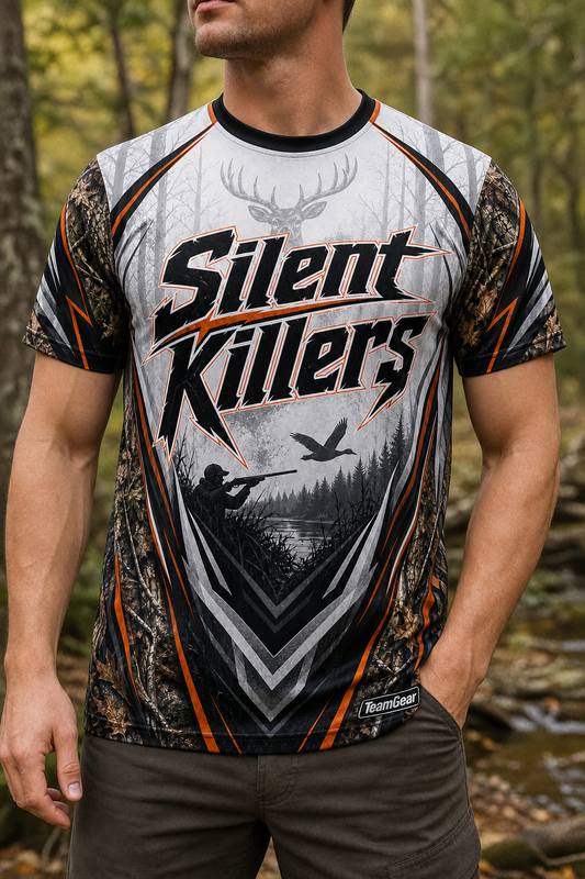 Silent Killers White Hunting Jersey — custom hunting jersey worn on model — TeamGear Canada