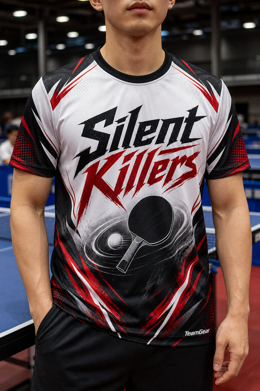 Silent Killers White Table Tennis Jersey — custom table tennis jersey worn on model — TeamGear Canada