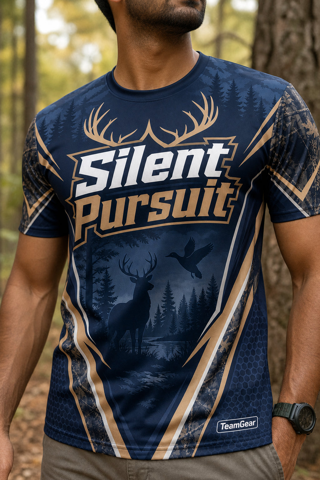 Silent Pursuit Navy Hunting Jersey — custom hunting jersey worn on model — TeamGear Canada