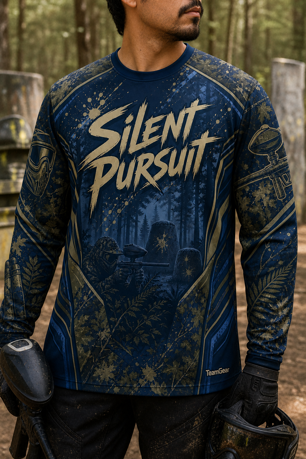 Silent Pursuit Navy Long Sleeve Paintball Jersey — custom paintball jersey worn on model — TeamGear Canada
