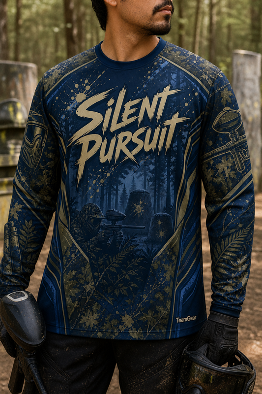 Silent Pursuit Navy Long Sleeve Paintball Jersey — custom paintball jersey worn on model — TeamGear Canada