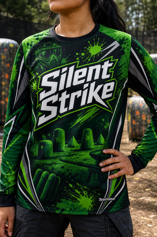 Silent Strike Green Long Sleeve Paintball Jersey — custom paintball jersey worn on model — TeamGear Canada