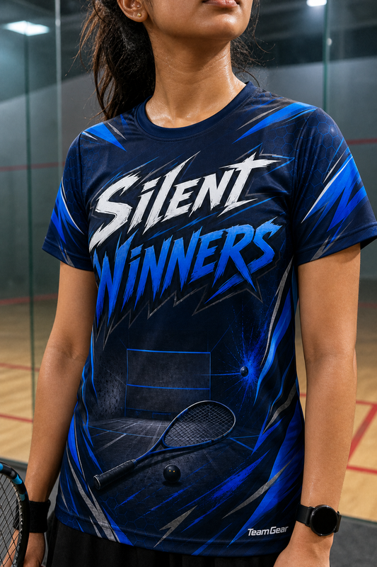 Silent Winners Blue Squash Jersey — custom squash jersey worn on model — TeamGear Canada
