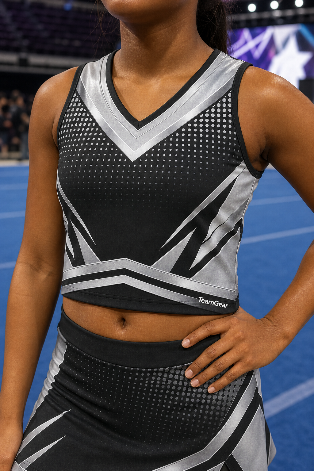 Silver and Black Cheerleading Uniform — custom cheerleading team apparel worn on model — TeamGear Canada