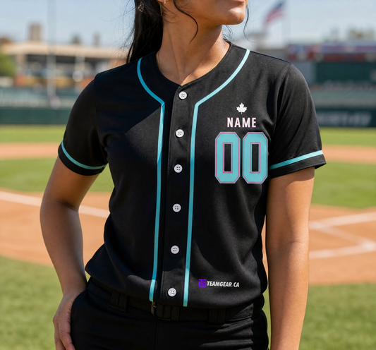 Simple Black Baseball Jersey Full Button — custom baseball jersey worn on model — TeamGear Canada