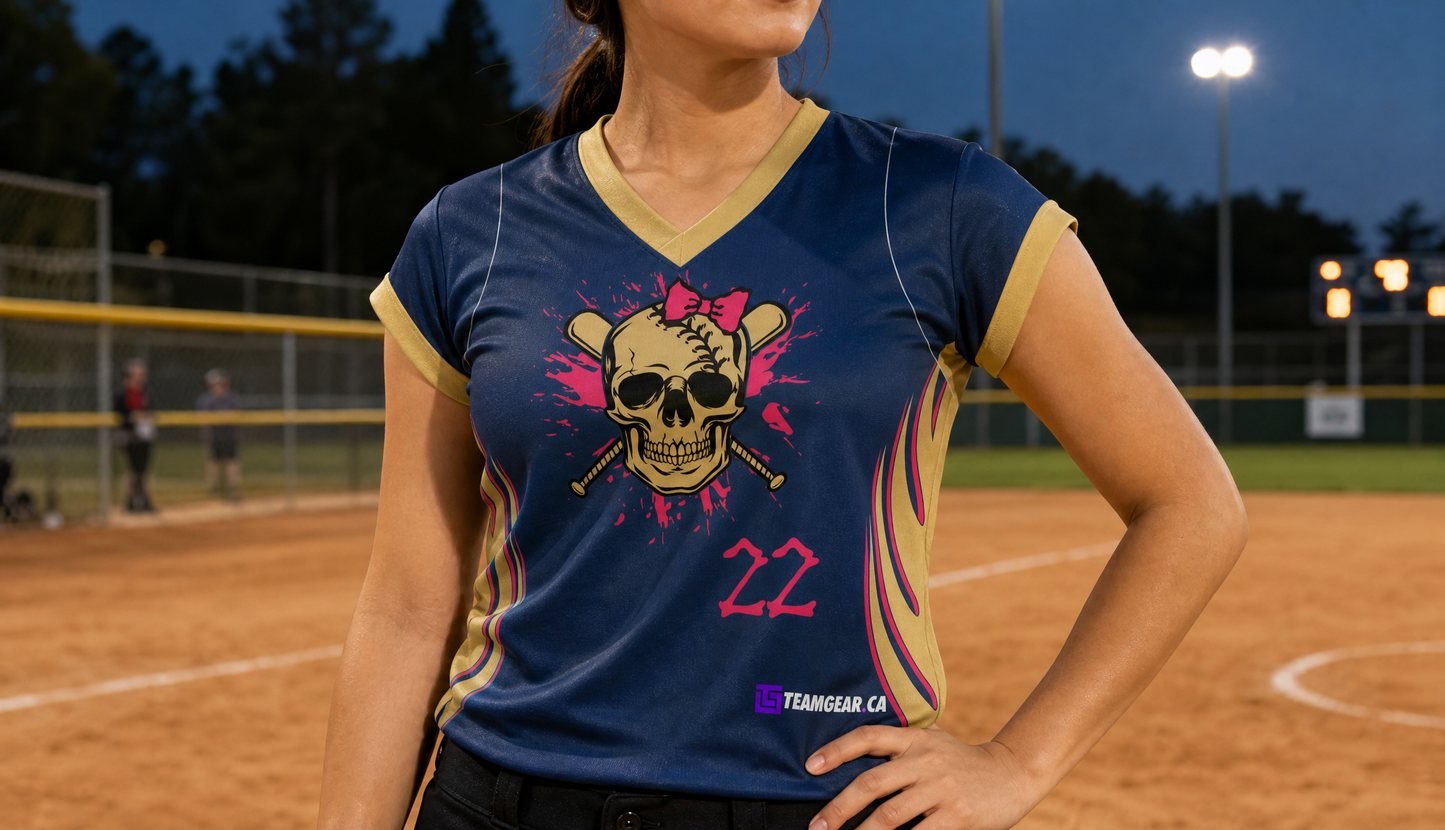 Skull and Crossbones Ladies Softball Jersey — custom softball jersey worn on model — TeamGear Canada