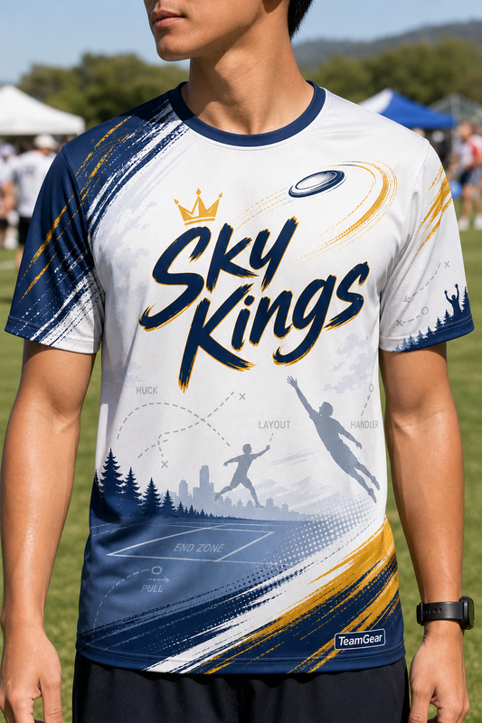 Sky Kings White Ultimate Frisbee Jersey — custom ultimate frisbee jersey worn on model — TeamGear Canada