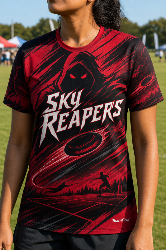 Sky Reapers Crimson Ultimate Frisbee Jersey — custom ultimate frisbee jersey worn on model — TeamGear Canada