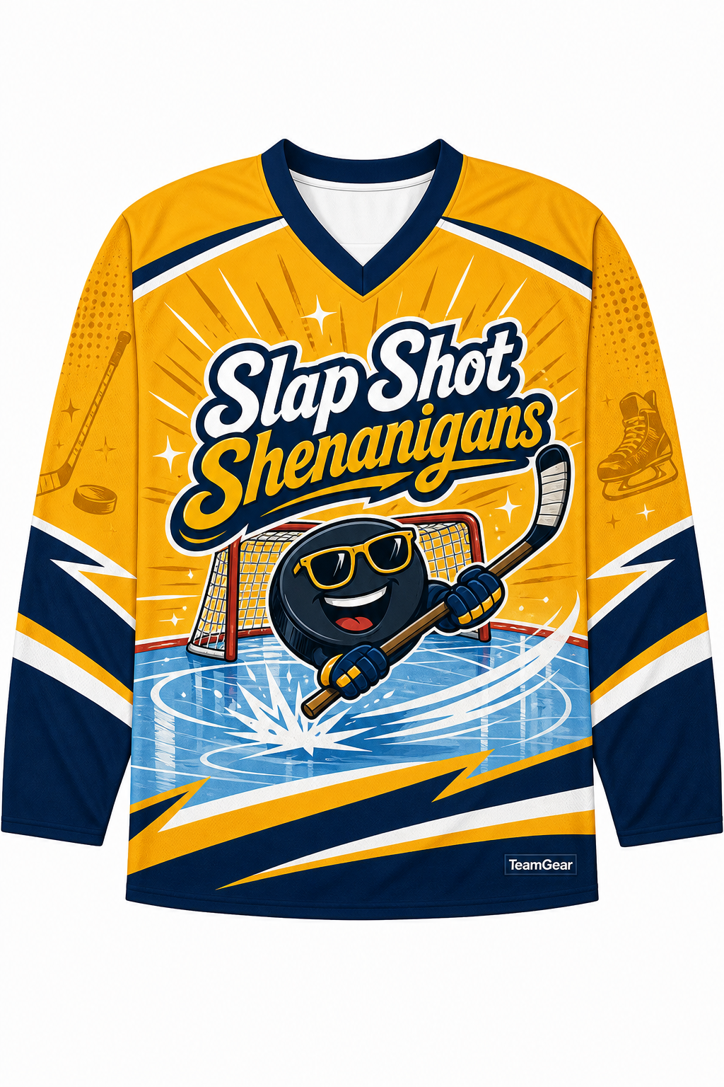 Slap Shot Shenanigans Gold Hockey Jersey design