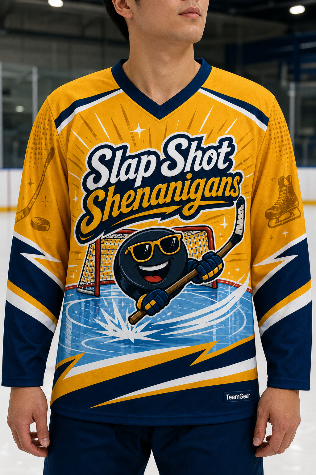 Slap Shot Shenanigans Gold Hockey Jersey — custom hockey jersey worn on model — TeamGear Canada