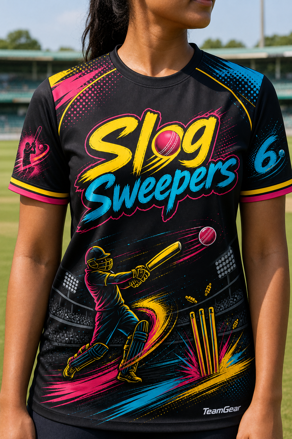Slog Sweepers Black Cricket Jersey — custom cricket jersey worn on model — TeamGear Canada
