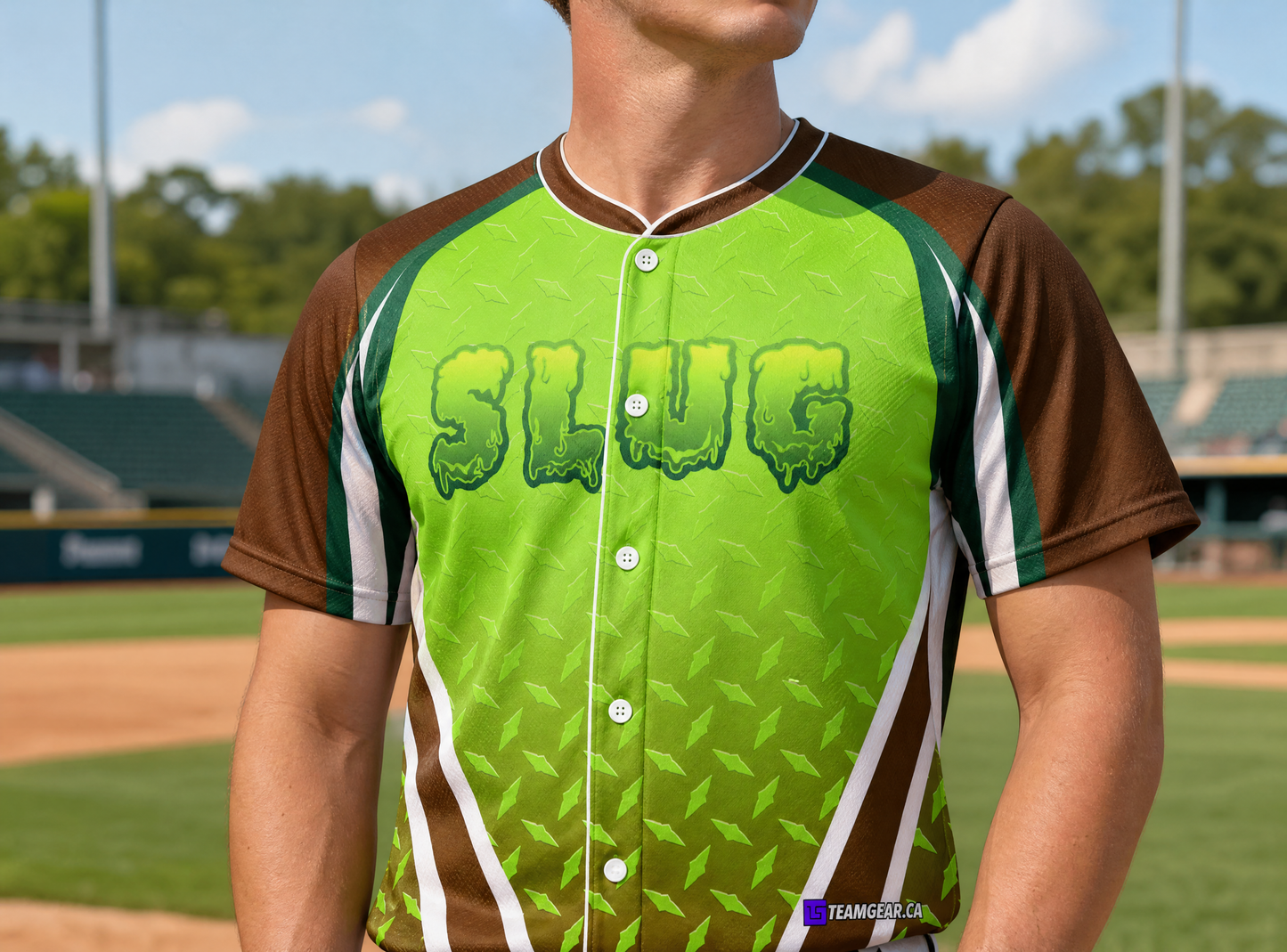 Slugs Green Baseball Jersey — custom baseball jersey worn on model — TeamGear Canada
