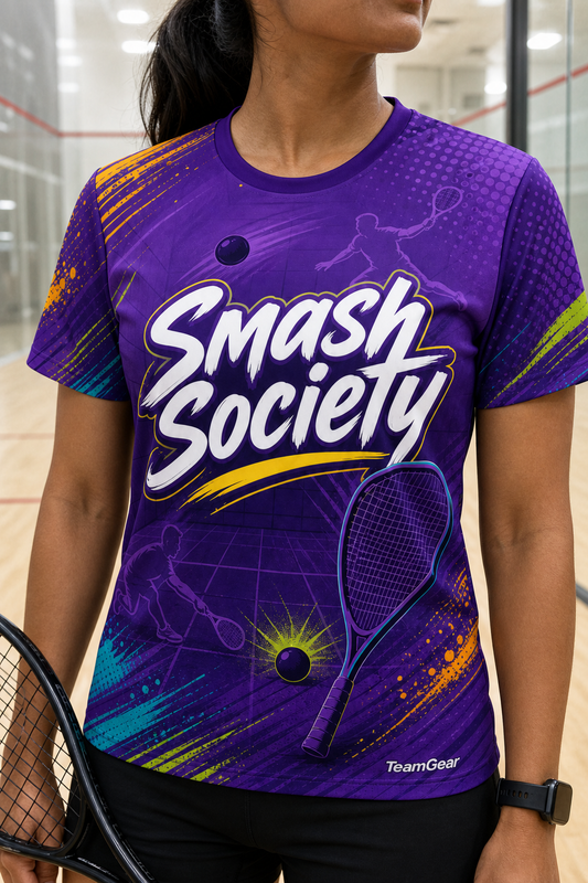 Smash Society Purple Racquetball Jersey — custom racquetball jersey worn on model — TeamGear Canada