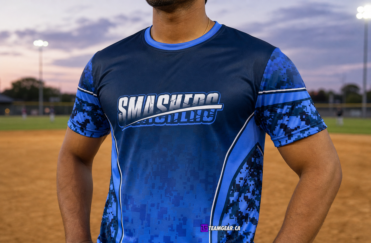 Smashers Blue Softball Jersey — custom softball jersey worn on model — TeamGear Canada