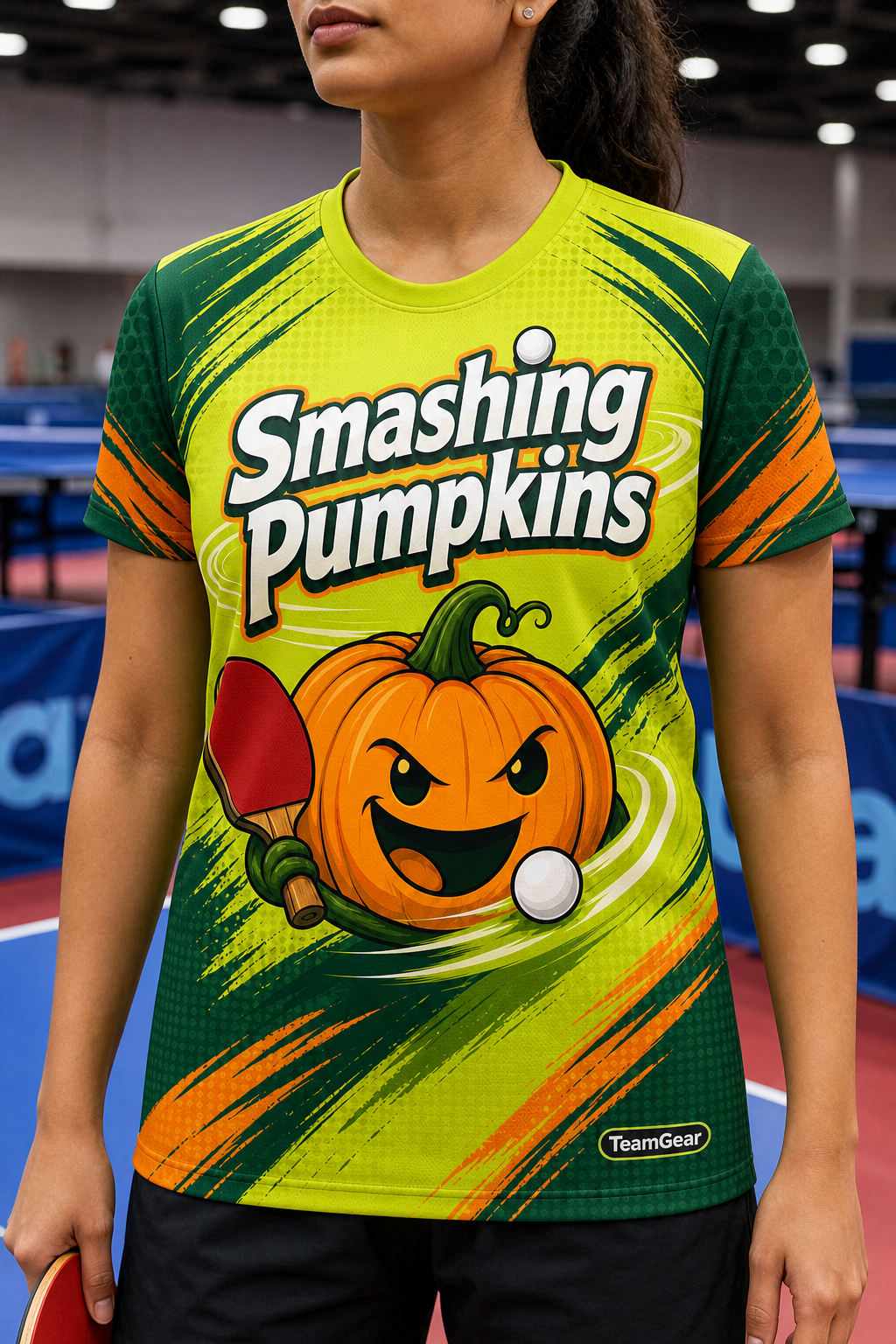 Smashing Pumpkins Lime Table Tennis Jersey — custom table tennis jersey worn on model — TeamGear Canada